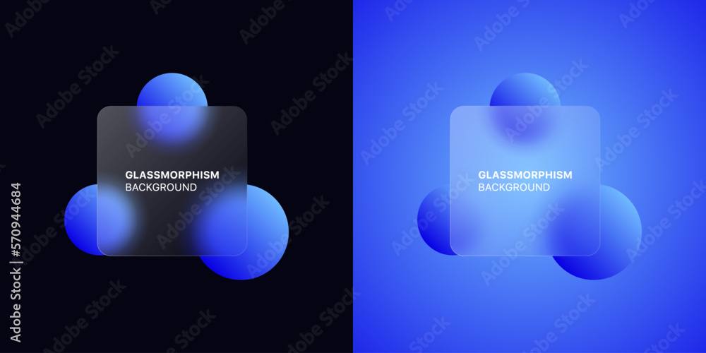 Poster glassmorphism background banner with transparent glass frame template . Realistic Frosted glass morphism effect with blurred abstract gradient blue circle shapes. Vector illustration