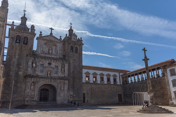 View at Churchyard Square of the Cathedral of Viseu, front facade of the Cathedral, and Grão Vasco Museum, tourist people, architectural icon of the Viseu city, Portugal - obrazy, fototapety, plakaty