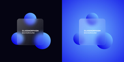 glassmorphism background banner with transparent glass frame template . Realistic Frosted glass morphism effect with blurred abstract gradient blue circle shapes. Vector illustration