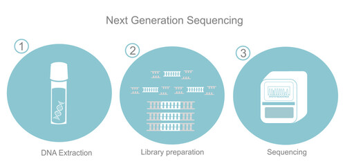 The important step of Next Generation Sequencing: DNA Extraction, Library preparation and sequencing for the analyzing of DNA sequence of target sample that represents in the blue and white icon. - obrazy, fototapety, plakaty