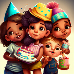 Happy birthday celebration for kids with friends in full color and 8K resolution. Generative Ai