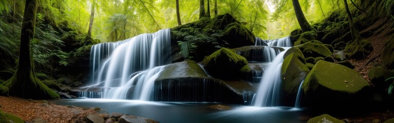Obraz premium Panoramic beautiful forest waterfall. Generative AI