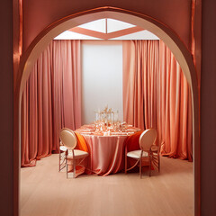 Luxurious-wedding-hall-session-with-light-orange-color-and-copper-partitions-in-beautiful-color-harmony. Generative Ai