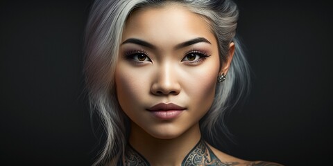 Fototapeta na wymiar Top Model aus Asien mit Tattoo und grauen silbernen Haaren im Portrait, ai generativ