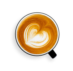 Coffee lover. Top view of hot Coffee cup with a barista art heart shape foam on png background. mug...