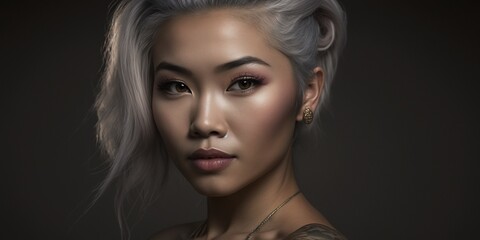 Asiatisches hübsches Top Model mit Tattoo im Portrait, ai generativ