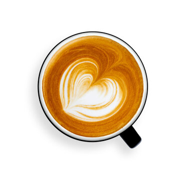 Coffee lover. Top view of hot Coffee cup with a barista art heart shape foam on png background. mug on transparent background.  Happy Valentines Day. top view. flat lay.