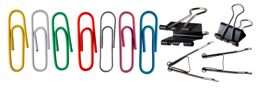 Office supplies needed for stapling stacks of paper. Paper clip on an isolated background.