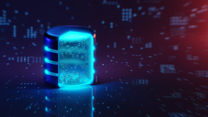 Square blocks or small cubes are collected in a database against a blue background. Concept of DBMS, Database server, Data storage, Data center, SQL, Big Data, Artificial intelligence. 3D rendering.