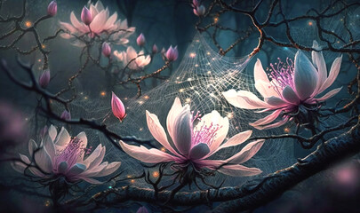 A lovely depiction of pink magnolia flowers in full bloom during the spring season