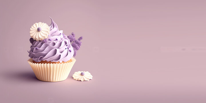 Spring Cupcake with Flowers on a Lavender Banner with Room for Copy (Created with Generative AI)