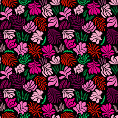 Abstract background with leaves and flowers, Matisse style. Vector seamless pattern with Scandinavian cut out elements.