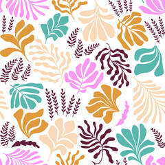 Abstract background with leaves and flowers, Matisse style. Vector seamless pattern with Scandinavian cut out elements. - 570947065