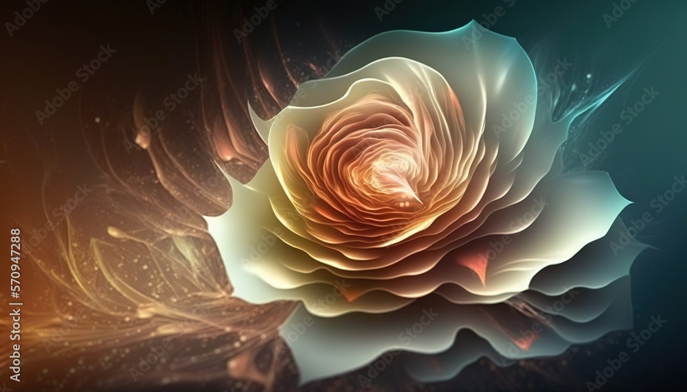 Poster a computer generated image of a flower with a spiral design in the center of it's petals, with a bla