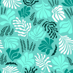 Abstract background with leaves and flowers, Matisse style. Vector seamless pattern with Scandinavian cut out elements.