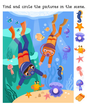 Find and circle objects. Educational puzzle game for children. Cute divers with sea creatures underwater. Cartoon illustration. Vector image, scene. 