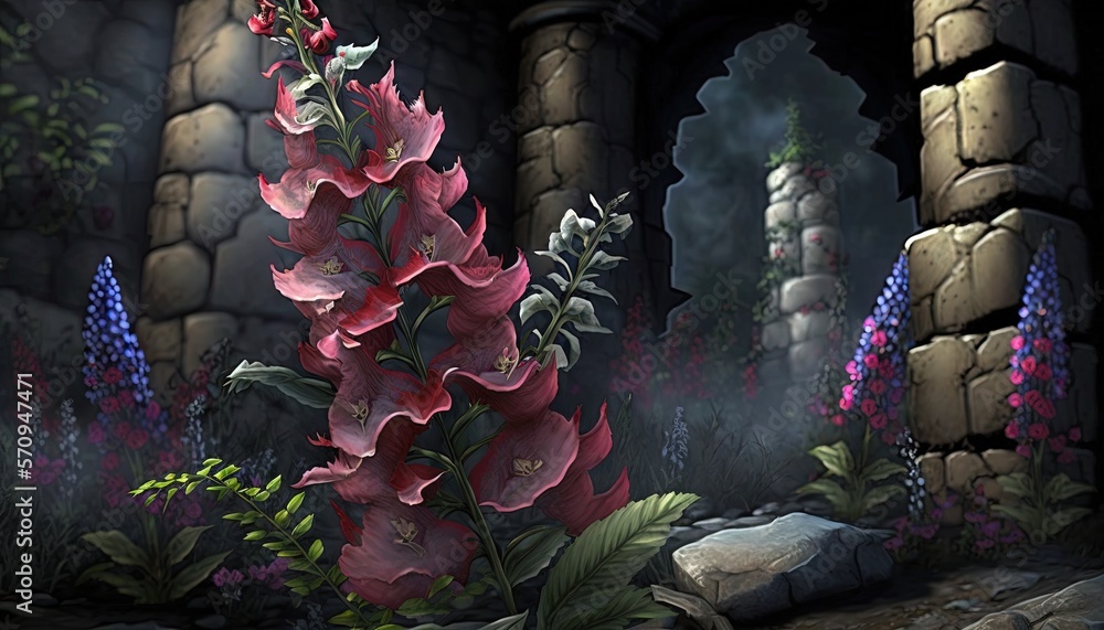 Poster a painting of a flower in a dark room with a stone wall and a stone archway leading to a building wi