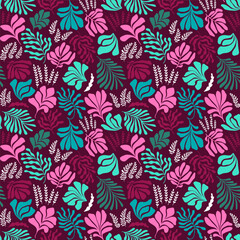 Abstract background with leaves and flowers, Matisse style. Vector seamless pattern with Scandinavian cut out elements.