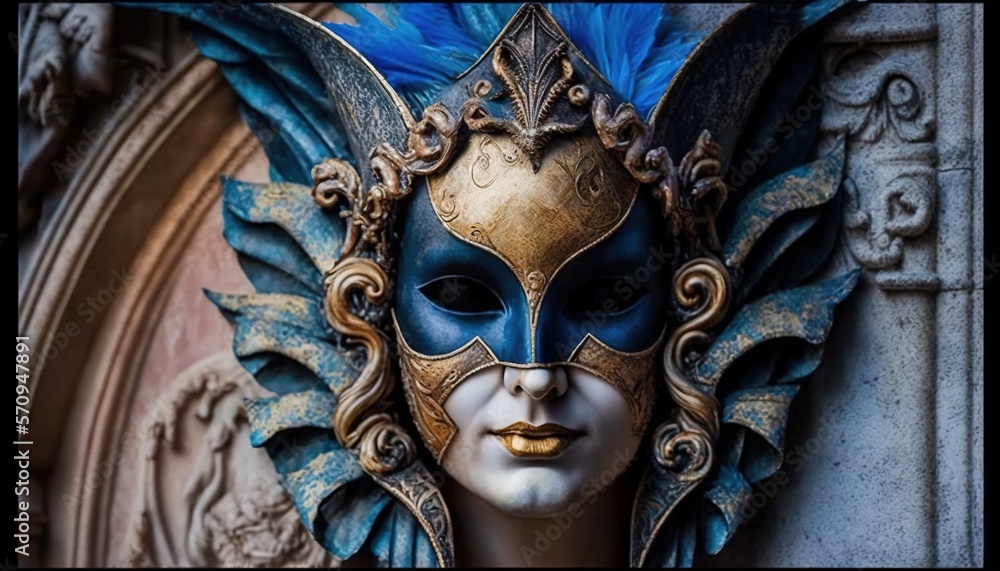 Aufkleber a close up of a mask on a wall with a building in the backgrouf of the mask is a blue and gold color