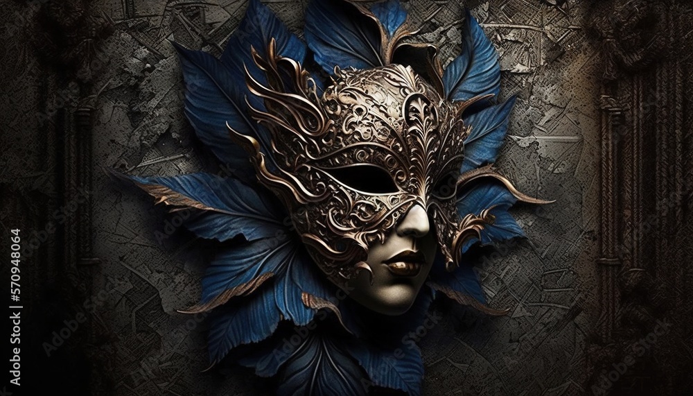 Poster a mask with blue feathers and a gold face on a black background with a grungy textured border around