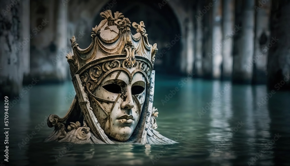 Aufkleber a mask floating in a body of water near a bridge with a clock on it's face and a crown on top of it.
