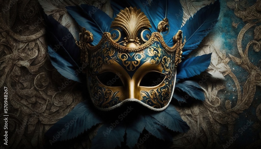 Poster a masquerade mask with blue feathers on a dark background with a floral design on the side of the ma
