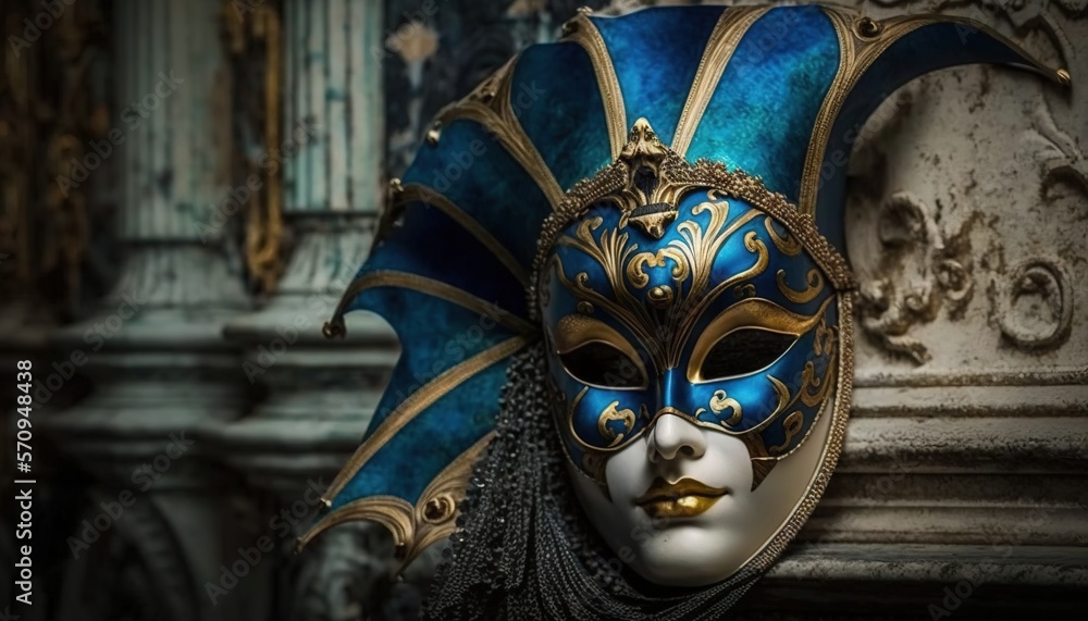Poster a blue and gold mask with gold details on the top of a pillar in front of a building with columns an