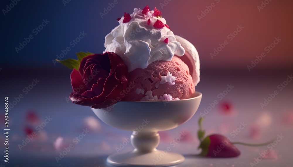 Poster a bowl of ice cream with a flower on top of it and a rose on the side of the ice cream bowl on a tab