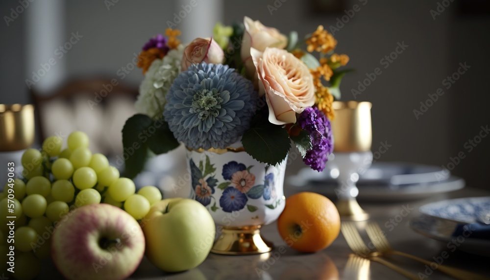 Poster a table topped with a vase filled with flowers next to fruit and a plate of fruit on top of a table 
