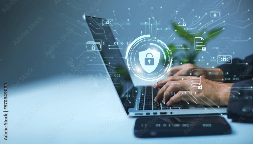 Aufkleber a businessman works on his laptop at home with a virtual display showing a symbol to signify cyber s