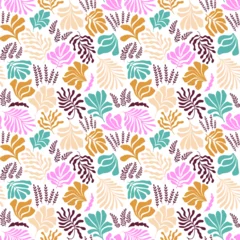 Foto op Plexiglas Abstract background with leaves and flowers, Matisse style. Vector seamless pattern with Scandinavian cut out elements. © Oleksandra