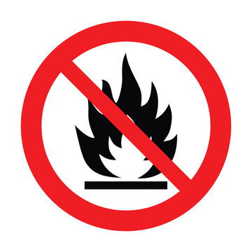 No sign of open fire. No fire, No access with open fire prohibition sign. Red, black and white vector illustration