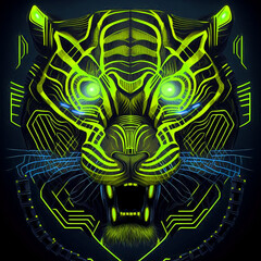 Yellow, Green, Blue and Black Neon Cyborg Tiger Robotic Illustration, Generative AI