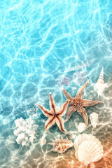 Fototapeta na wymiar Starfish and coral on the summer beach in sea water. Summer background.