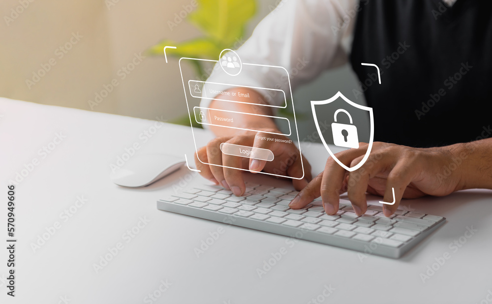 Leinwandbilder User typing login and password at home, secure access to the personal information and big data. cyber security, the digital crime concept, and data protection from hackers.