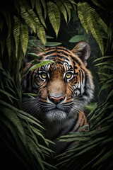 a tiger peering through the jungle leaves at its prey - generative ai