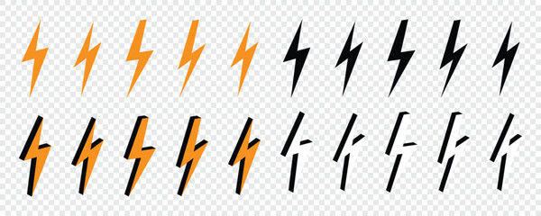 Vector set lightning bolt. Flash icon set isolated on transparent background. Vector illustration