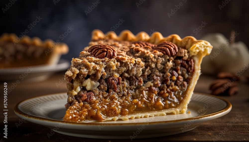 Poster a slice of pecan pie on a plate with a fork, surrounded by other food items on the table the backgro