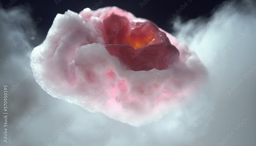 Poster a pink substance floating in a cloud of white smoke on a black background with a red center in the c