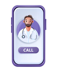 Fototapeta premium 3D online doctor vector telemedicine concept, medical video call, male therapist avatar, smartphone. Virtual internet patient consult, digital remote health care service. Online doctor support clipart
