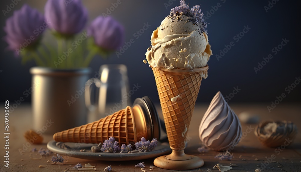 Aufkleber an ice cream cone with lavender flowers in a vase and a plate with an ice cream cone on a table with