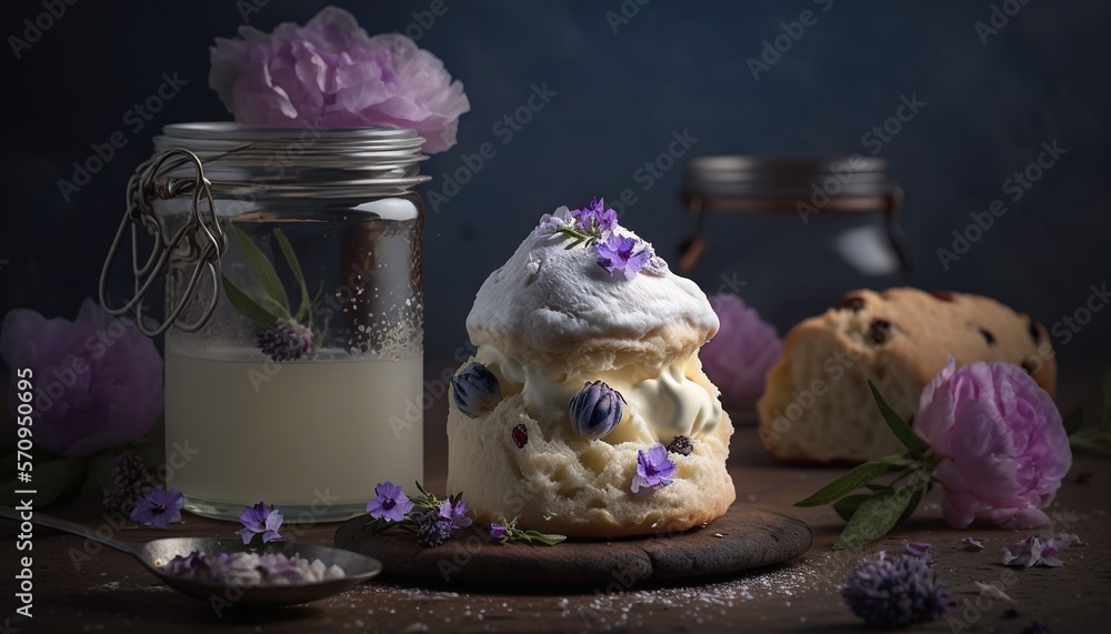Poster a jar of milk and some cookies on a table with purple flowers and lavenders around it and a spoon wi