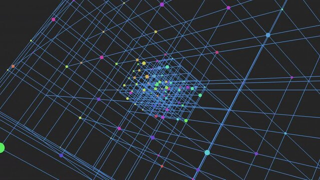 Digital cube with neon dots and lines on black gradient, motion abstract corporate, futuristic and business style background