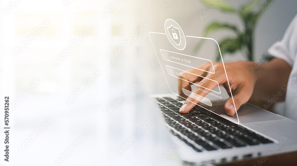 Poster user typing login and password at home, secure access to the personal information and big data. cybe