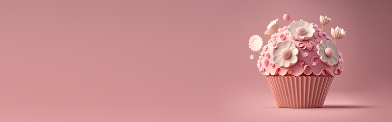 Spring Cupcake with Flowers on a Pink Banner with Room for Copy (Created with Generative AI)