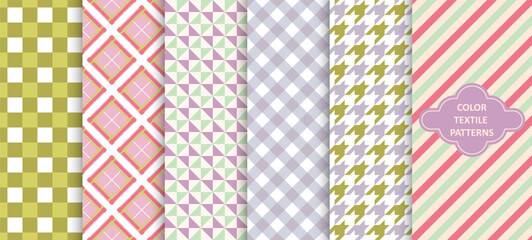 Collection of colorful seamless textile geometric patterns. Trendy endless fabric prints. Repeatable unusual simple backgrounds.