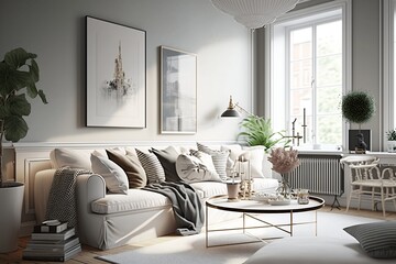modern living room interior, plants and a big window