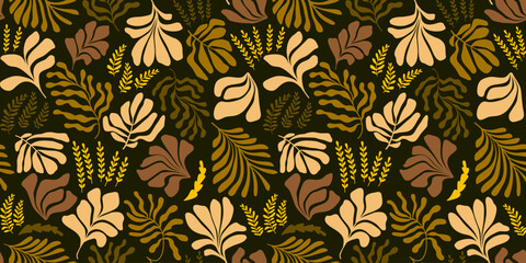 Abstract background with leaves and flowers, Matisse style. Vector seamless pattern with Scandinavian cut out elements.