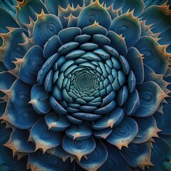 Fototapeta premium Abstrakte Draufsicht auf die Blüte einer blauen Pflanze mit fraktalen Blätter, Generative AI 