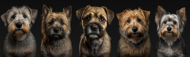 Portrait of five small Terrier dogs on black background made with Generative AI.